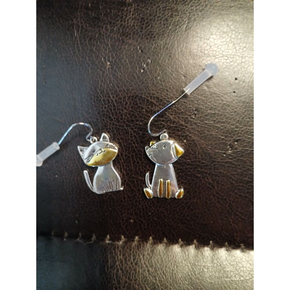 Stainless Steel and Gold Cat & Dog Dangle Earrings - Picture 5 of 5